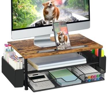 Imagem de AUPSEN Organizadores E Acessórios De Mesa Madeira, Suporte Para Monitor Computador 2 Níveis Com Gaveta, Caneta Tablet, Organização Material Escritório (Marrom)