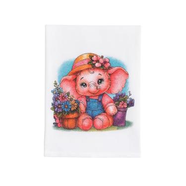 Imagem de Pano de Prato Decorativo com Elefante Rosa, 40 x 70 cm, Estampa Floral, Algodão Branco