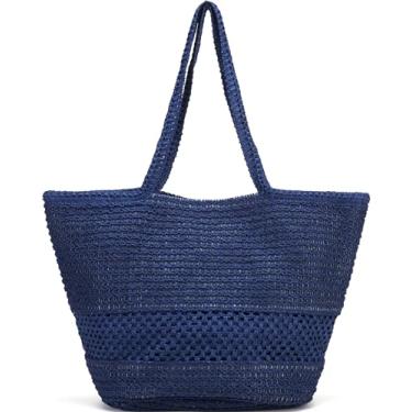 Imagem de Kiss Sea Bolsa grande de palha de praia para mulheres: bolsas de ombro transversais - sacola de tecido ráfia para férias de verão, Azul, Large, Bolsa de praia para viagem
