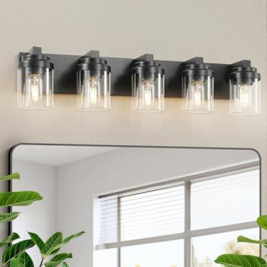 Imagem de DIKAIDA Luminária de banheiro de 5 luzes sobre o espelho, luzes pretas de 78,7 cm com sombra de vidro, arandela de parede moderna para armário varanda quarto, corredor E26