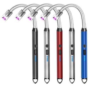 Imagem de Pacote com 5 Isqueiros Elétricos Recarregáveis por USB Isqueiros de Arco de Plasma À Prova de Vento Isqueiro Longo Sem Chama com Interruptor de Segurança para Velas Churrasco Camping Aniversário Fogos