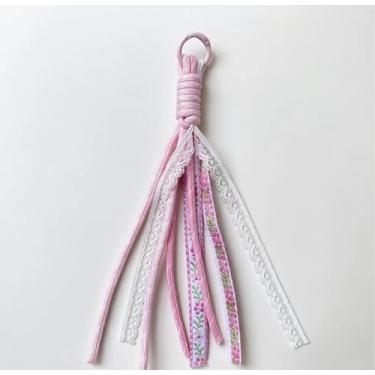 Imagem de Chaveiro decorativo com borla, design de fita e renda, cores sortidas, padrão guingão e floral, roxo amarelo verde, coleção primavera (rosa)