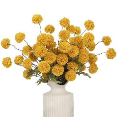 Imagem de DuHouse 6 peças de flores artificiais de seda sintética, mini bola de crisântemo de seda pequena com hastes para buquês de casamento faça-você-mesmo, centro de mesa, decoração de cozinha