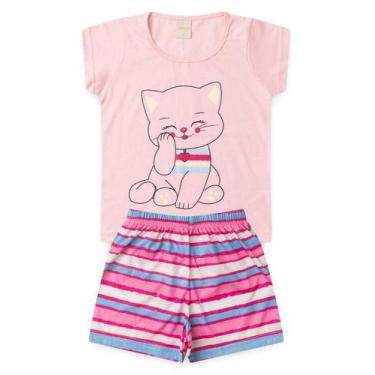 Imagem de Pijama Verão Menina Rosa Blusa e Shorts Gatinha Listrada - Molekada, 8