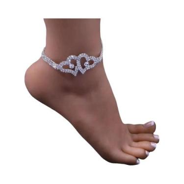 Imagem de Pulseira De Tornozeleira Feminina Com Coração Duplo De Cristal Brilhan
