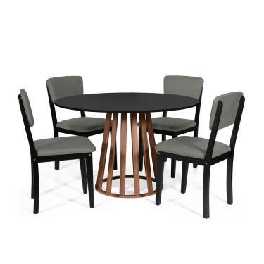 Imagem de Mesa De Jantar Redonda Gabi Pret/nor Com 4 Cadeiras Estofadas Ella Preto/cinza