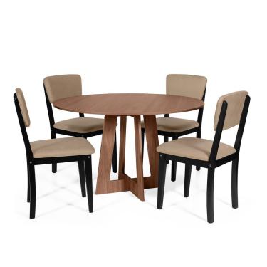 Imagem de Mesa De Jantar Redonda Montreal Noronha Com 4 Cadeiras Estofadas Ella Preto/marrom Claro