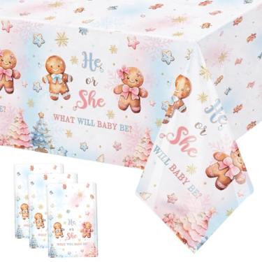 Imagem de MEHOFOND 3 peças de toalha de mesa de gengibre revelação de gênero decorações de festa ele ou ela What Will Baby Be Capa de mesa de biscoito de gengibre de inverno de plástico descartável para festa