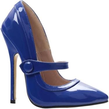 Imagem de Salto Alto 14cm Couro Envernizado Saltos Pontiagudos Sapatos De Salto Agulha, Blue, 46 EU