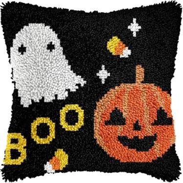 Imagem de Ghost & Halloween Pumpkin Latch Hook Kits de travesseiro com estampa de lona impressa para sofá fronha de almofada artesanato bordado trava gancho crochê kits para iniciantes 43 x 43 cm (1)