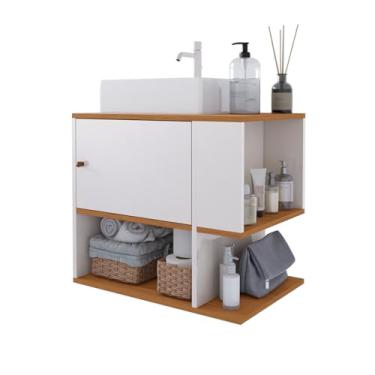 Imagem de Gabinete Beauty Armário Banheiro 1 Porta E Nicho Lateral + Pia Cuba Sobrepor (Off White Freijó)