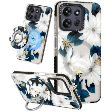 Imagem de Lotadilo Linda capa para Moto G Power/Play 5G 2025 para mulheres e meninas - Design engraçado de flor azul compatível com suporte de anel Magsafe, suporte magnético, capas de telefone de TPU da moda