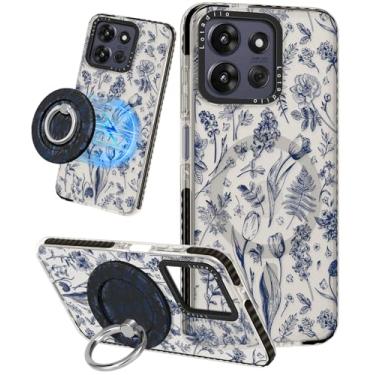 Imagem de Lotadilo Linda capa para Moto G Power/Play 5G 2025 para mulheres e meninas - Design engraçado de flores de linha azul compatível com suporte de anel Magsafe, suporte magnético, capas de telefone de