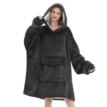 Imagem de Cobertor vestível com capuz Mewkou para adultos Sherpa Fleece Grey