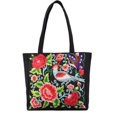 Imagem de Bolsa feminina Hobo floral de lona estilosa casual bolsa de ombro étnica bordada, Peônia vermelha