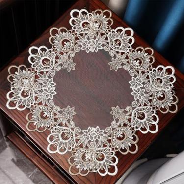 Imagem de Wuluwala Toalha de mesa quadrada de cabeceira, capa de mesa de cabeceira, toalha de mesa de renda de macramê, bordada, pequena capa de mesa de renda para festivais de casamento, festas de fim de ano