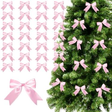 Imagem de 28 peças de laços de fita de cetim rosa, decorações de árvore de Natal, enfeite de laço de guirlanda de Natal, guirlanda de casa, cerca, decoração de festa de casamento