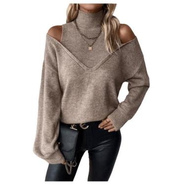 Imagem de Suéter feminino BEAUDRM, ombro frio, gola alta, cáqui