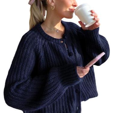 Imagem de Suéter de cardigã feminino Wyeysyt com botões, malha grossa, azul mari