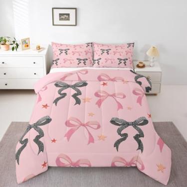 Imagem de meiyoeat Conjunto de edredom fofo com laço para todas as estações, preto e rosa, com 1 fronha, microfibra com glitter, roupa de cama solteiro kawaii, para decoração de quarto, edredom respirável