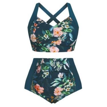 Imagem de Conjunto de biquíni Hanna Nikole, cintura alta, franzido, verde escuro