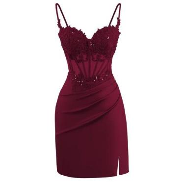 Imagem de Vestido de boas-vindas Clothfun Sweetheart, cetim, renda, cor de vinho