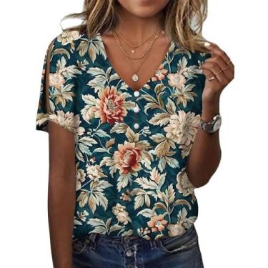 Imagem de Blusa feminina HOTYD com estampa floral boho e decote em V de verão