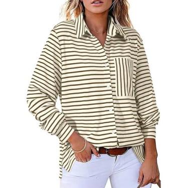 Imagem de Camisa feminina Astylish 2025 listrada com botões e decote em V marrom