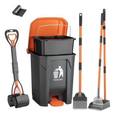 Imagem de Conjunto de 6 pás para cocô, lata de lixo OdorLock de 15 L externa com 20 sacos de lixo, pá para cães grandes e médios pequenos em grama/cascalho, bandeja de metal inoxidável ajustável para economia