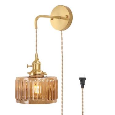 Imagem de Arandela de parede Shenmoyl Amber Glass Shade 110V 15,6 cm de braço