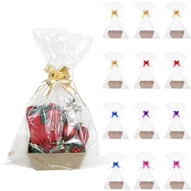 Imagem de Conjunto de 50 cestas de presente vazias – 12 peças de cesta de presente para presentes, bandeja vazia com alças, 18 sacos e 20 peças de laços multicoloridos para Natal, casamento, aniversário (20 x