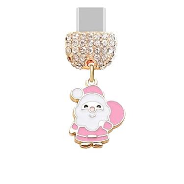 Imagem de ELISE & FONDA TP980 Tipo-C porta de carregamento cristal antipoeira pingente de celular pequeno Papai Noel para iPhone 15/16/Samsung/OnePlus/Xiaomi/oppo telefones Android (branco e rosa)