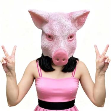 Imagem de Derlinvine Máscara de cabeça de porco rosa, máscara de cabeça de animal de látex, novidade de luxo, fantasia de cosplay, fantasia de animal para festivais de festa