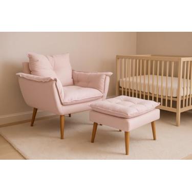 Imagem de Poltrona Decorativa com Puff, Estilo Moderno, Conjunto de Cadeira e Apoio para Pés, para Sala de Estar, Recepção, Quarto, Penteadeira e Closet (Rosa Bebe)