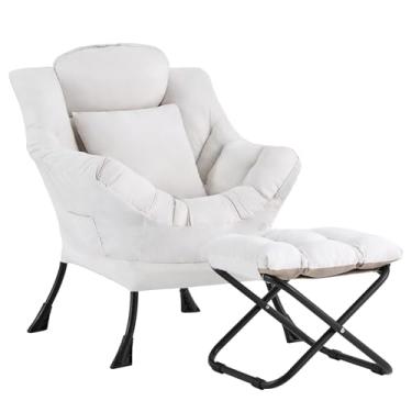 Imagem de YOTATING Cadeira preguiçosa com otomano, poltrona moderna para lazer com apoio para os pés e almofada, espreguiçadeira moderna com apoios de braços para sala de estar, bege