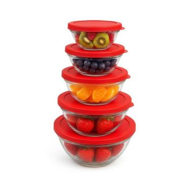 Imagem de Conjunto 5 Potes Redondo de Vidro Com Tampa - Vermelha - WELLMIX, VERM