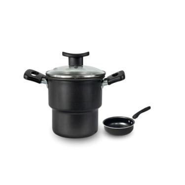 Imagem de Cuscuzeiro 14cm com Tampa de Vidro e Frigideira Antiaderente 12cm (Preto)