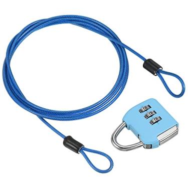 Imagem de Cabo de aço de segurança com trava de combinação de 3 dígitos, cadeado de viagem, cabo de segurança revestido de 1,8 m, laço duplo para bagagem, mala, azul