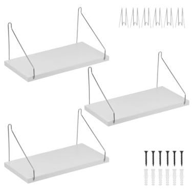 Imagem de KHZSPP Conjunto de 3 prateleiras flutuantes para parede, tábua de madeira com ganchos de aço inoxidável 304, prateleiras de madeira montadas na parede para quarto, sala de estar, banheiro, cozinha