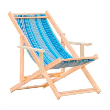 Imagem de Espreguiçadeira Reclinável Com Braço em Madeira Maciça Natural – Para Jardim, Varanda e Área Externa, Tecido Removível (Listras Azuis)