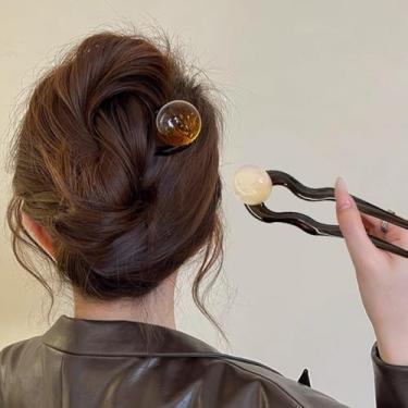 Imagem de Garfos de cabelo franceses em forma de U, presilhas de cabelo updo para cabelos finos e grossos, grampos de cabelo clássicos de 12 cm para mulheres, bege + marrom