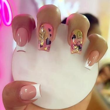 Imagem de Kit de unhas postiças quadradas médias francesas brancas kit com design de coração moderno capa completa prensa acrílico artificial bastão falso na unha para mulheres uso diário manicure casamento 24