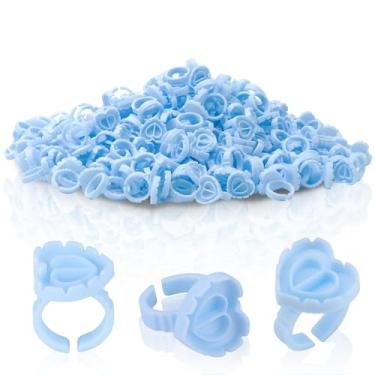 Imagem de Pacote com 100 anéis de cola para extensões de cílios, anéis descartáveis para cílios em forma de coração adorável leque de cílios flores copos de cola suprimentos de extensão de cílios azul