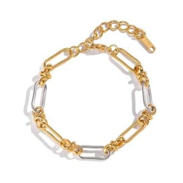 Imagem de AOLIMI Pulseira feminina banhada a ouro 14 K com corrente de clipe de papel em dois tons, pulseira de ouro e prata, joia moderna, Medium, Aço inoxidável, Sem Pedra Preciosa