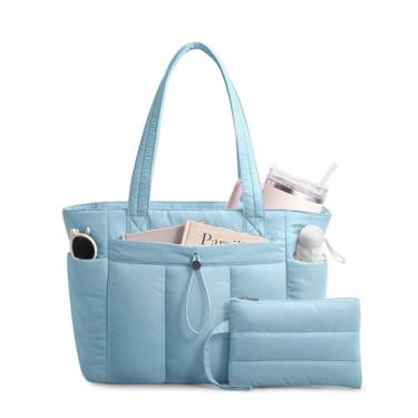 Imagem de TOPDesign Bolsa feminina com porta-copos, compartimento para laptop, bolsa de cosméticos e bolsa de carrinho para trabalho, viagens, Azul, cinza, Medium, Casual