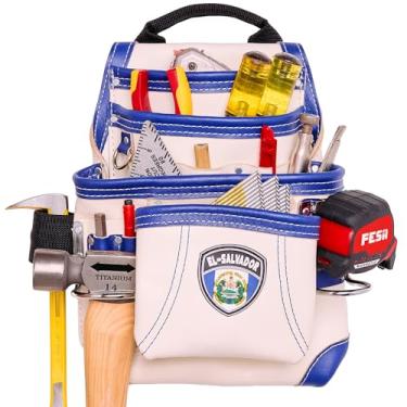 Imagem de FESA Bolsa de ferramentas de couro para carpinteiro - Bolsa de carpinteiro de couro de grão superior pesado com 10 bolsos com 2 laços de martelo, bolsos grandes e pequenos - serve para cintos de