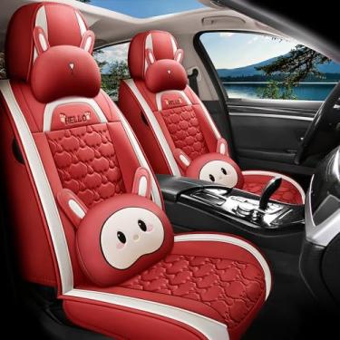 Imagem de INZU Capas de assento de carro confortáveis de coelho de desenho fofo com couro PU impermeável adequadas para a maioria dos 5 lugares, carros, SUV e caminhonete, conjunto de ajuste universal (vinho)