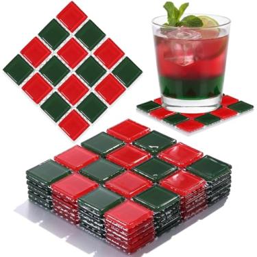 Imagem de Queekay Conjunto de 6 porta-copos xadrez vermelho e verde para bebidas de vidro quadrado de 10 cm, tapete de mesa xadrez para mesa de café, bar, decoração de casa, ideia de prato decorativo de Natal