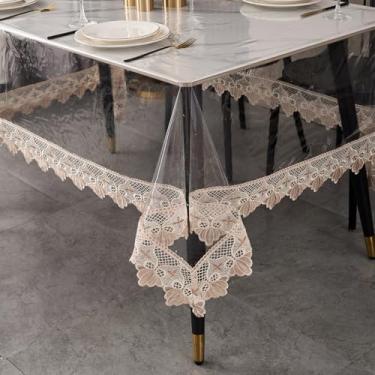 Imagem de LIBERECOO Toalha de mesa de vinil transparente com acabamento de renda Loral costurada, capa de mesa de plástico impermeável 60 x 108 à prova de óleo com borda bordada protetor de toalhas de mesa
