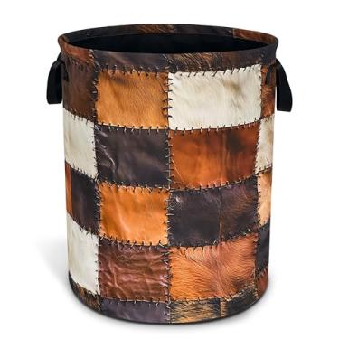 Imagem de Cesta de roupa suja com estampa de vaca engraçada de couro bovino marrom dobrável à prova d'água bolsa sacola de pano Oxford cesto de roupa redonda grande balde de armazenamento de roupas organizador